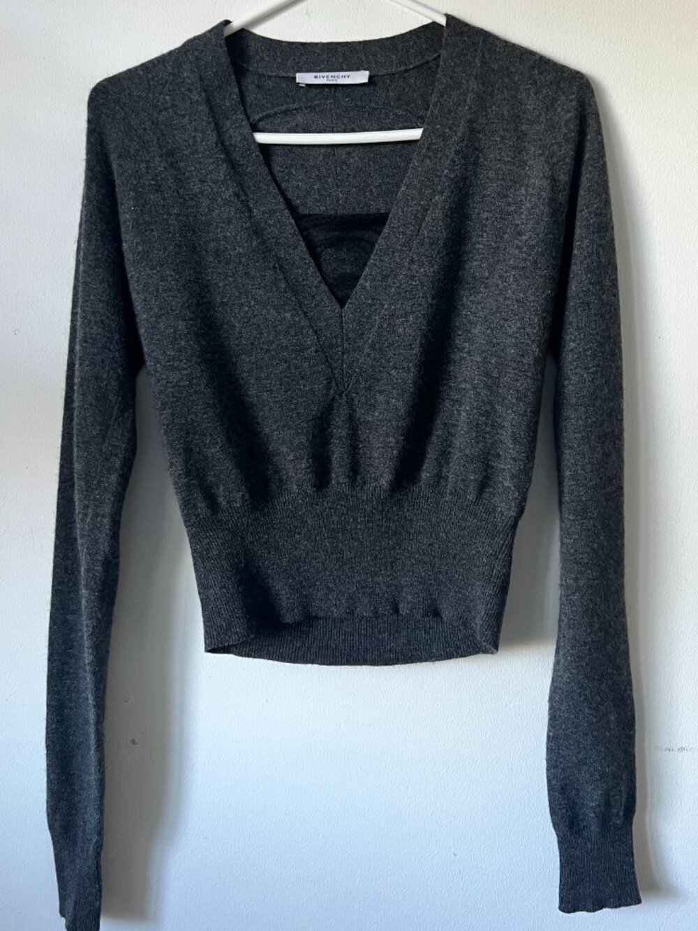 Givenchy Paris Charcoal Grey V Neck Wool Cropped Knit Sweater w/ lace detail S